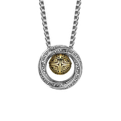 Mobius Copper Wealth Necklace – Silver double-ring pendant with Greek key engravings and gold tribal sphere, straight-on front view white backdrop