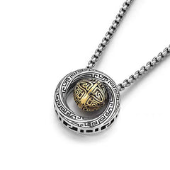 Mobius Copper Wealth Necklace – Silver interlocking rings with gold patterned center sphere, diagonal angle on white background