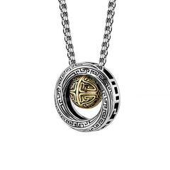 Mobius Copper Wealth Necklace – Silver box chain with interlocking Mobius rings and gold Celtic-pattern sphere center, white background front view