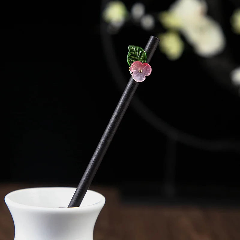 Chinese Wooden Hair Stick with Silk Flower & Tassel – option1558, image 8
