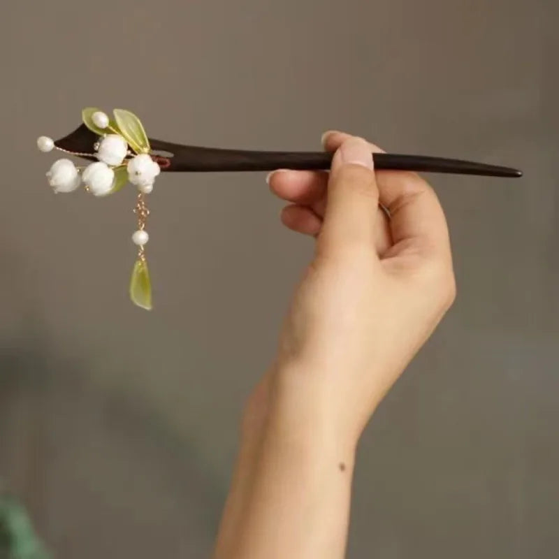 Jade Orchid Wooden Hairpin, image 18, spiritual ring