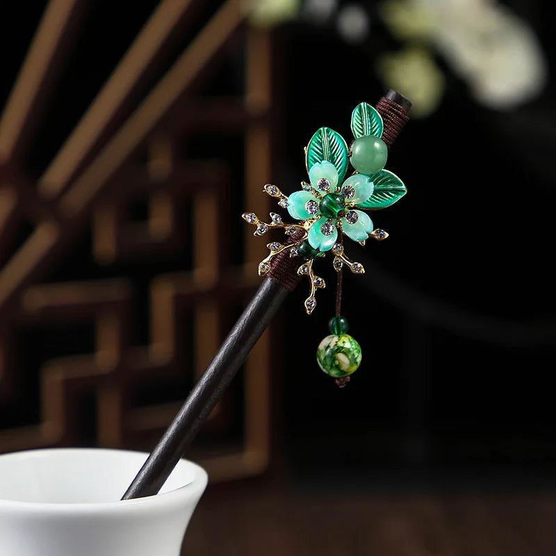 Chinese Wooden Hair Stick with Silk Flower & Tassel, image 17