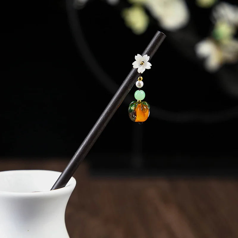 Chinese Wooden Hair Stick with Silk Flower & Tassel, image 13
