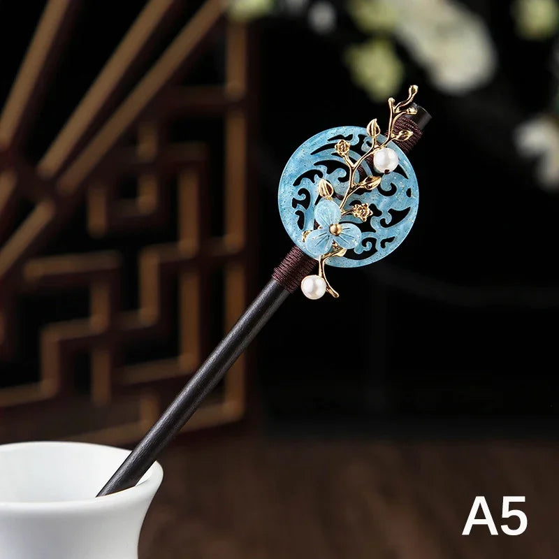Chinese Wooden Hair Stick with Silk Flower & Tassel, image 26