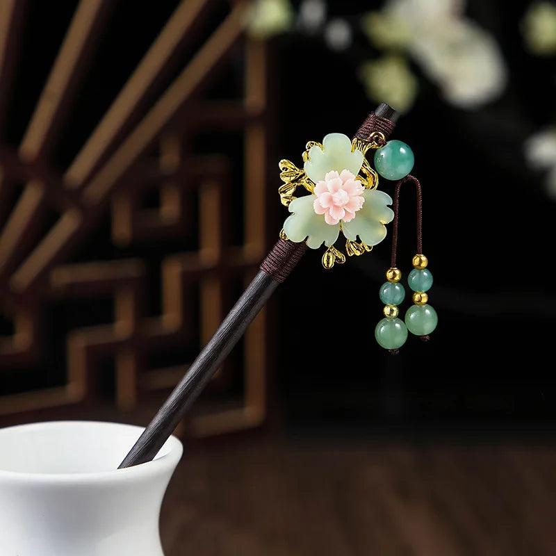 Chinese Wooden Hair Stick with Silk Flower & Tassel, image 15