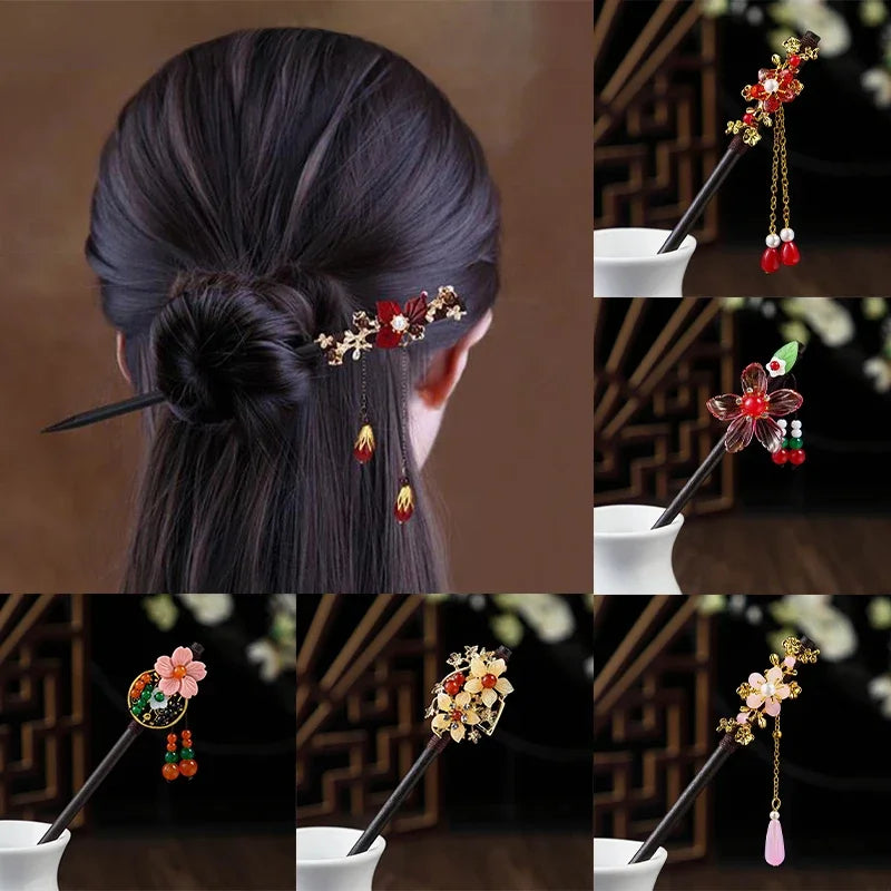 Chinese Wooden Hair Stick with Silk Flower & Tassel, image 21