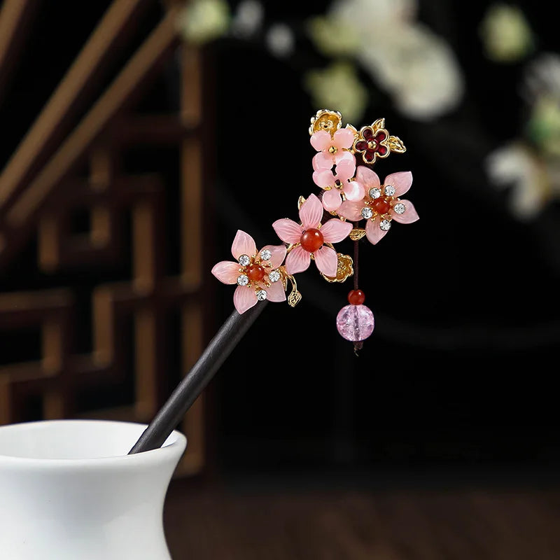 Chinese Wooden Hair Stick with Silk Flower & Tassel – option1879, image 1