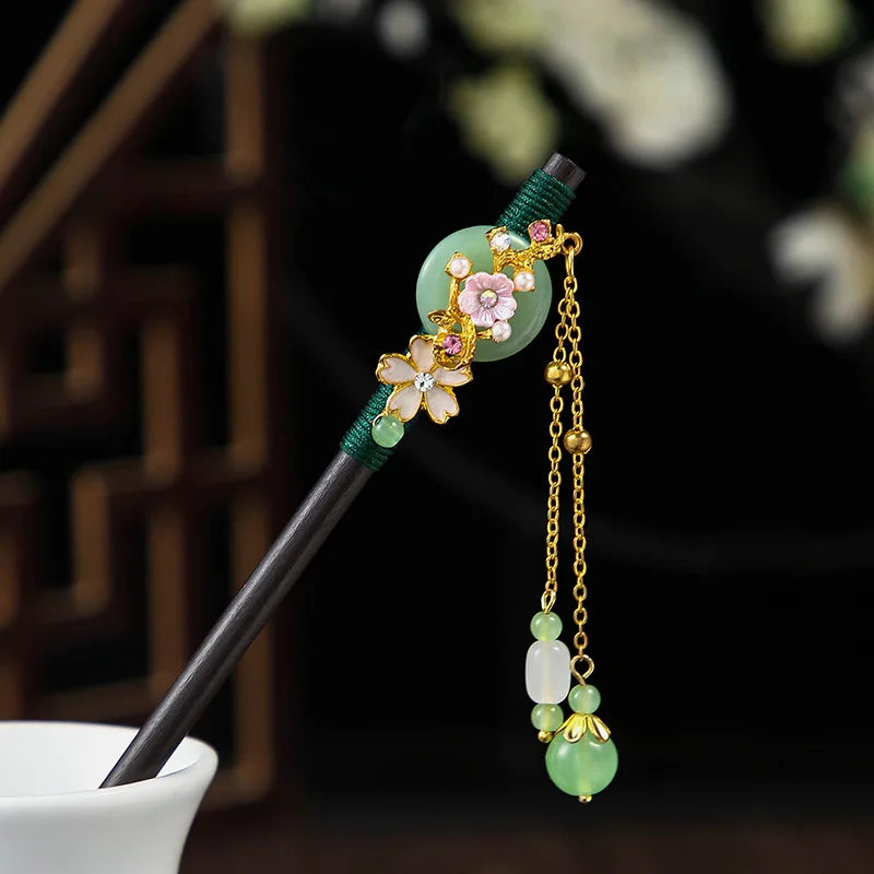 Chinese Wooden Hair Stick with Silk Flower & Tassel, image 11