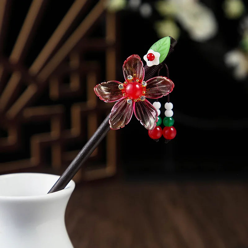 Chinese Wooden Hair Stick with Silk Flower & Tassel – option1750, image 2