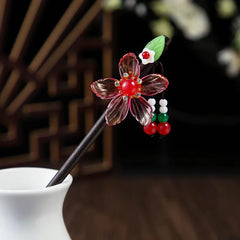 Chinese Wooden Hair Stick with Silk Flower & Tassel – option1750, image 2