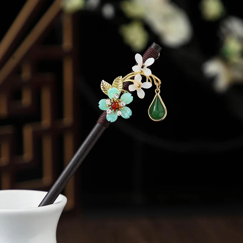Chinese Wooden Hair Stick with Silk Flower & Tassel, image 19
