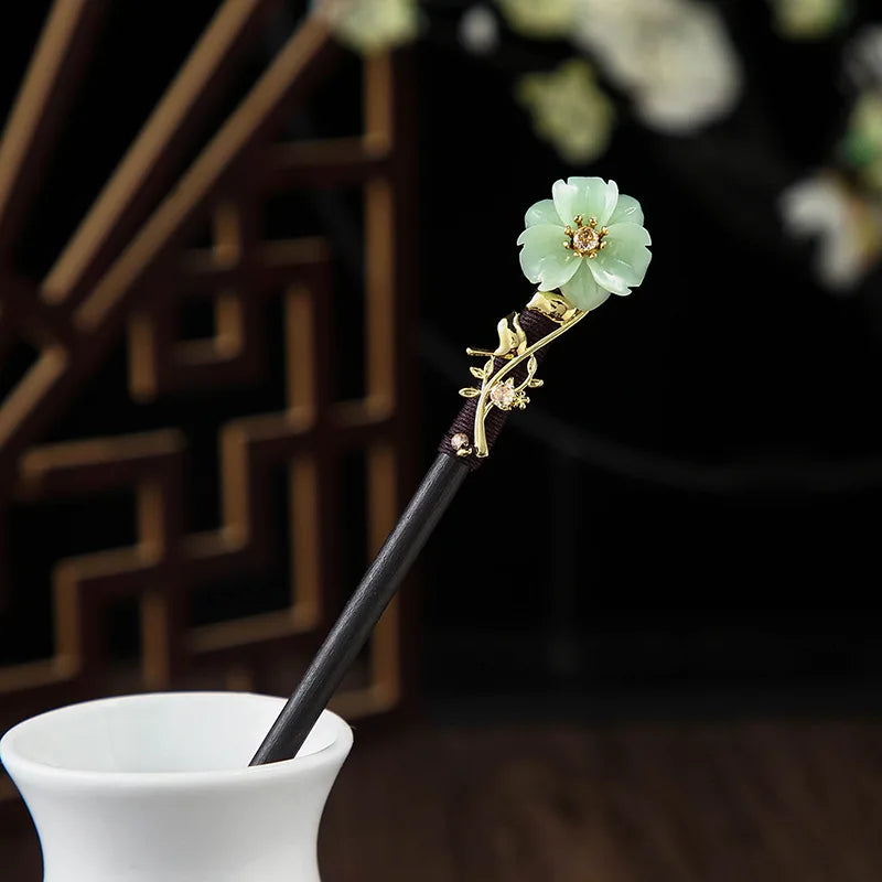 Chinese Wooden Hair Stick with Silk Flower & Tassel, image 16