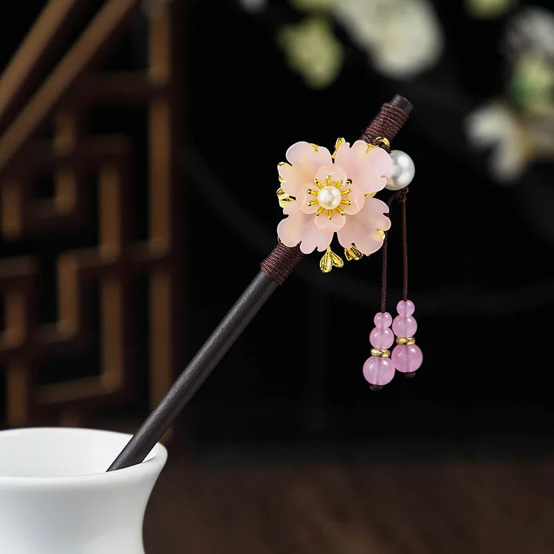 Chinese Wooden Hair Stick with Silk Flower & Tassel – option1519, image 6