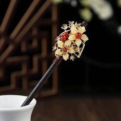 Chinese Wooden Hair Stick with Silk Flower & Tassel – option1552, image 3