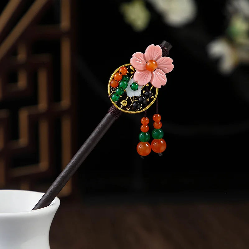 Chinese Wooden Hair Stick with Silk Flower & Tassel – option1759, image 10