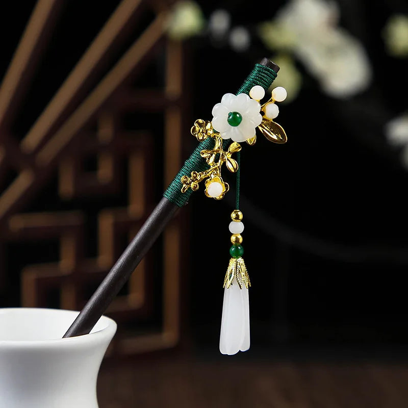 Chinese Wooden Hair Stick with Silk Flower & Tassel, image 18