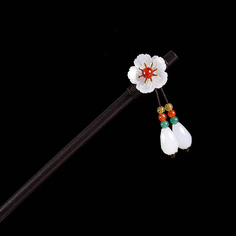 Chinese Wooden Hair Stick with Silk Flower & Tassel, image 14