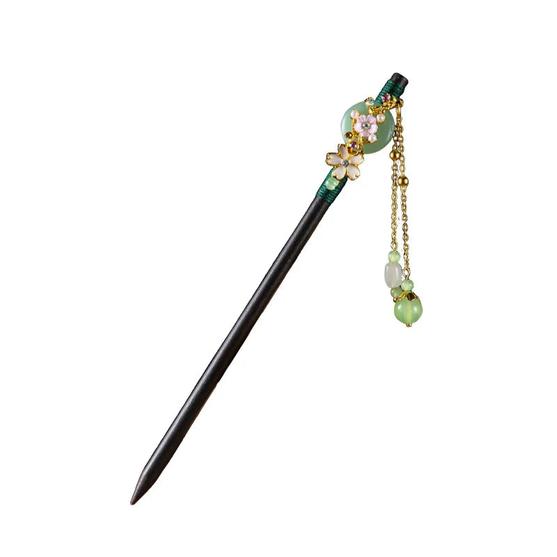 Chinese Wooden Hair Stick with Silk Flower & Tassel, image 12