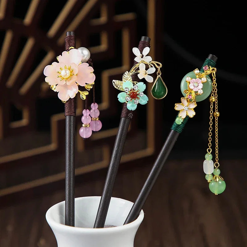 Chinese Wooden Hair Stick with Silk Flower & Tassel, image 23