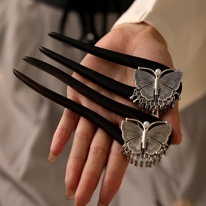 Tibetan Style Wooden Hairpin – Butterfly U-Shaped Feng Shui Hair Stick