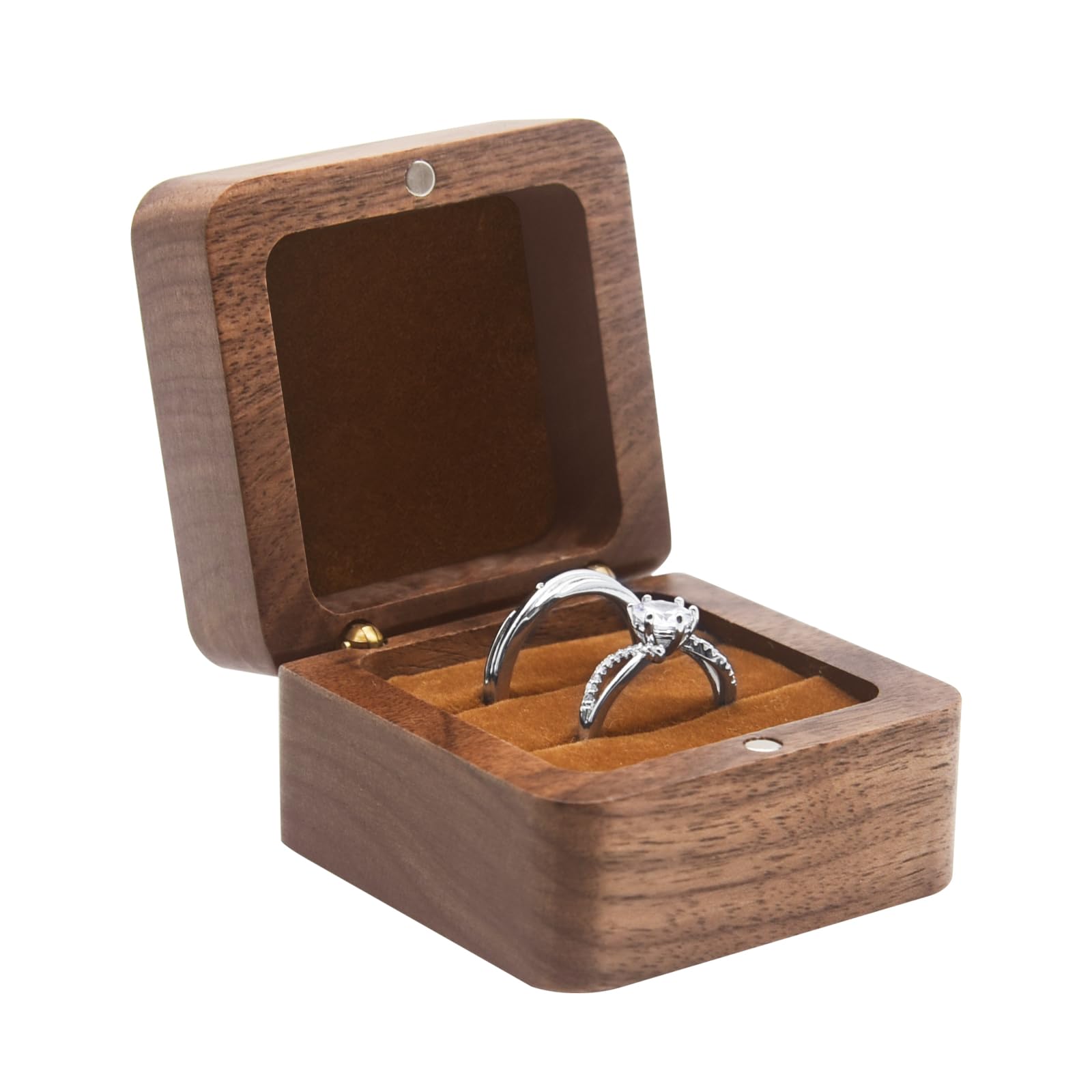 Walnut Wood Ring Box – brown amber velvet interior with engagement ring, warm natural