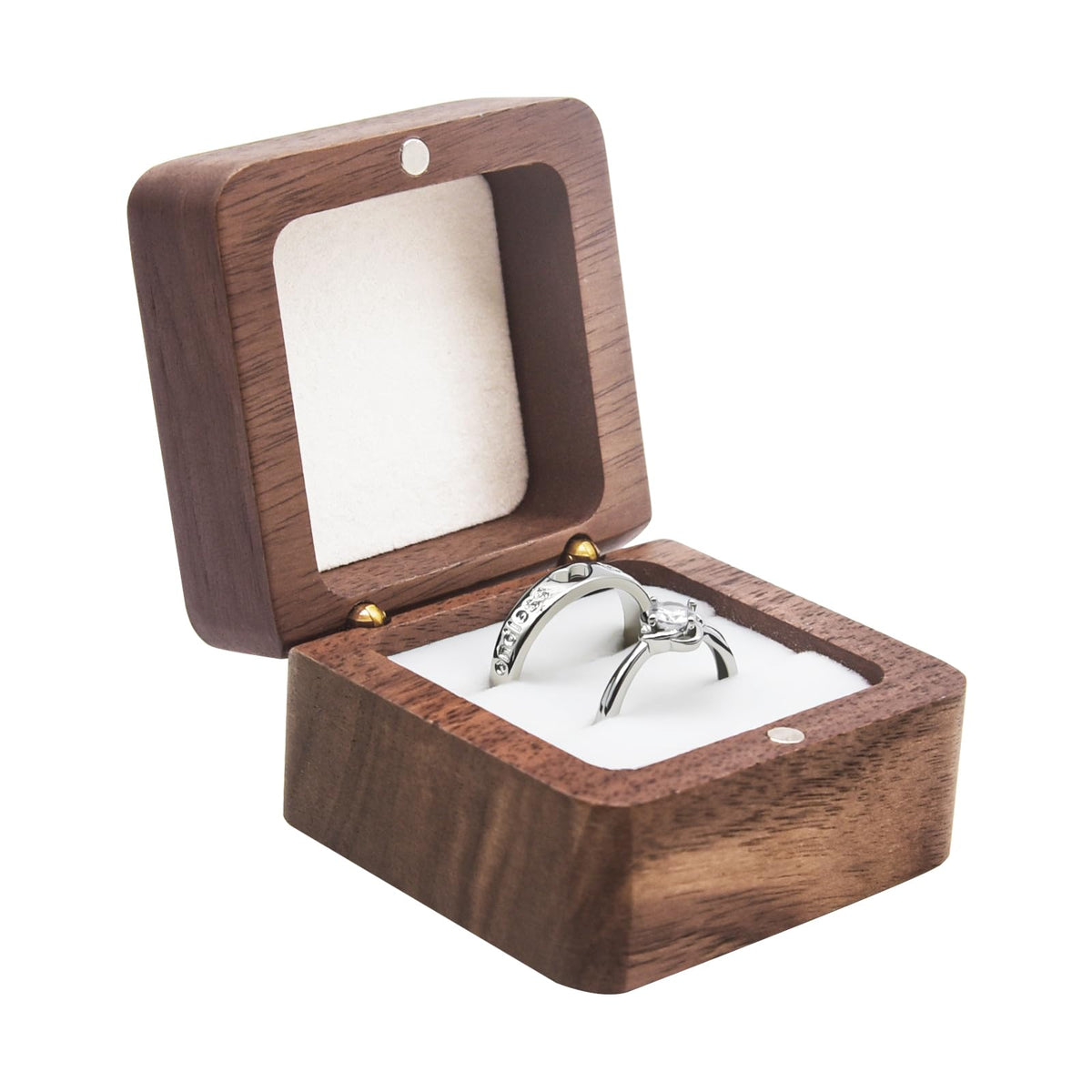 Walnut Wood Ring Box – white velvet interior with two silver rings, bridal classic