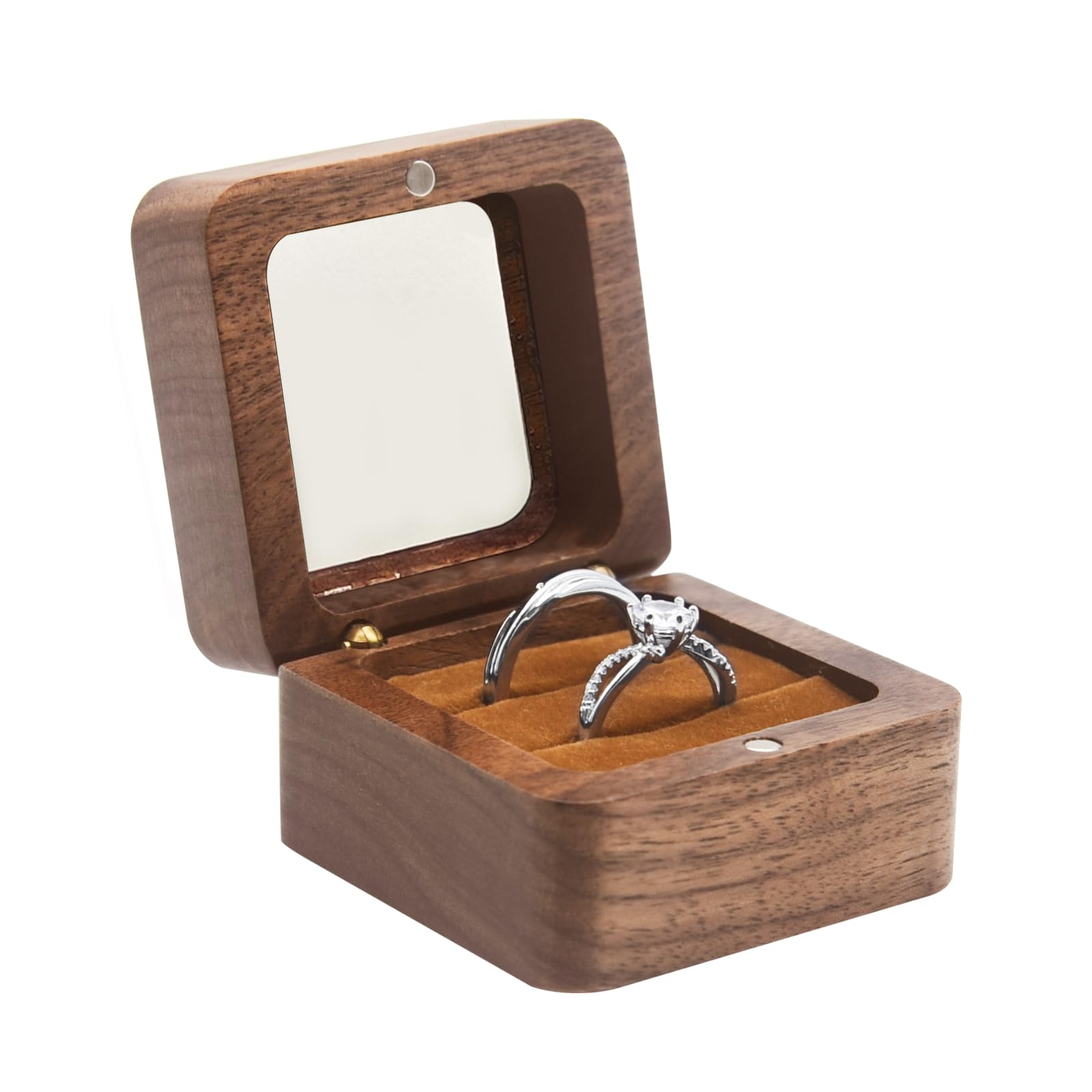 Walnut Wood Ring Box – transparent window lid with brown velvet, ring preview design
