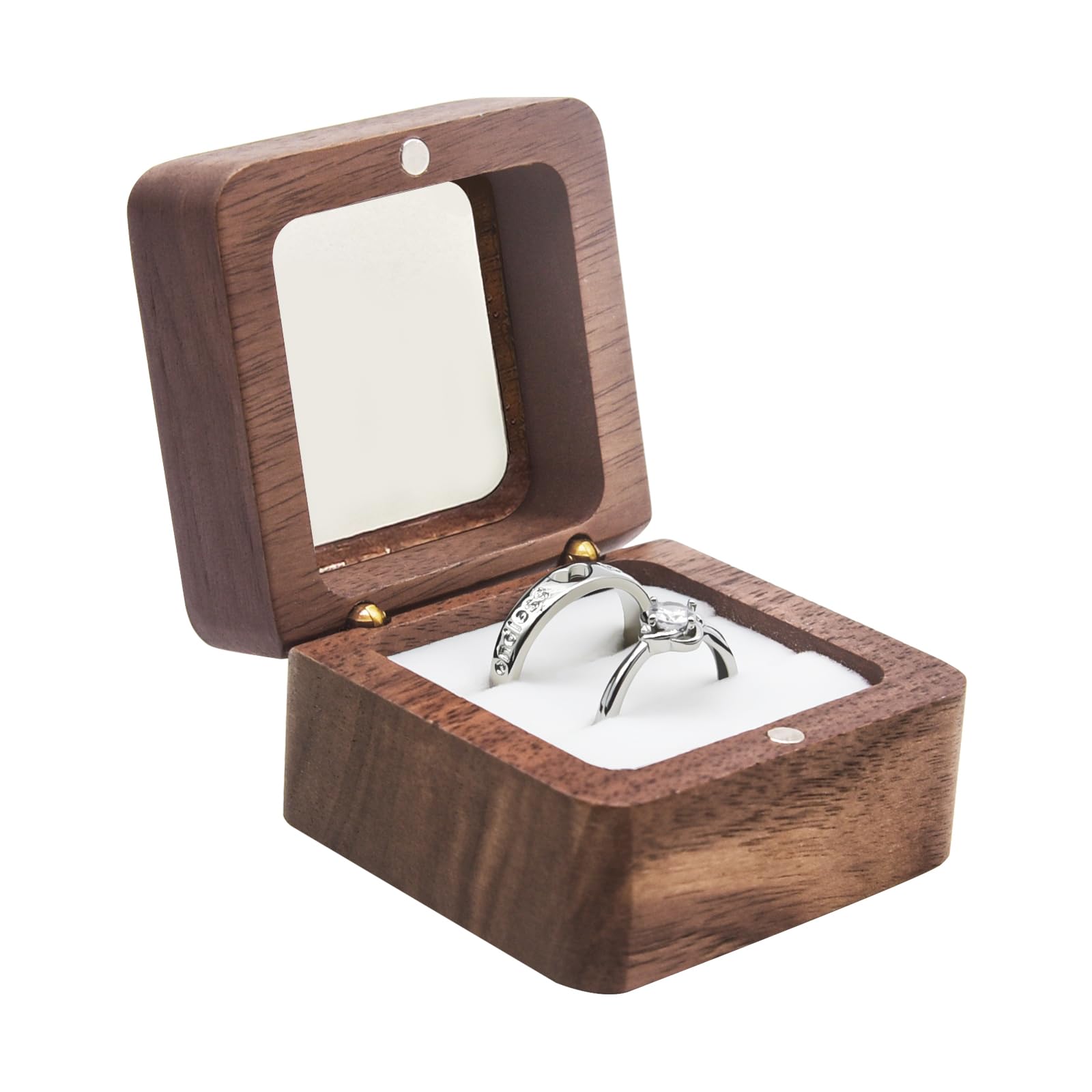 Walnut Wood Ring Box – white opaque window lid with white interior, gallery frame
