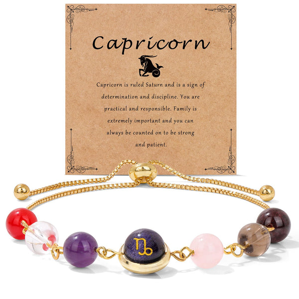 18K Gold Plated Zodiac Stone Bracelet – Capricorn with sea-goat symbol on kraft card, healing stones
