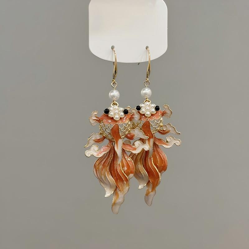 Koi Earrings – Orange enamel koi fish earrings on white display card with pearls gold hooks, Chinese style luck grace