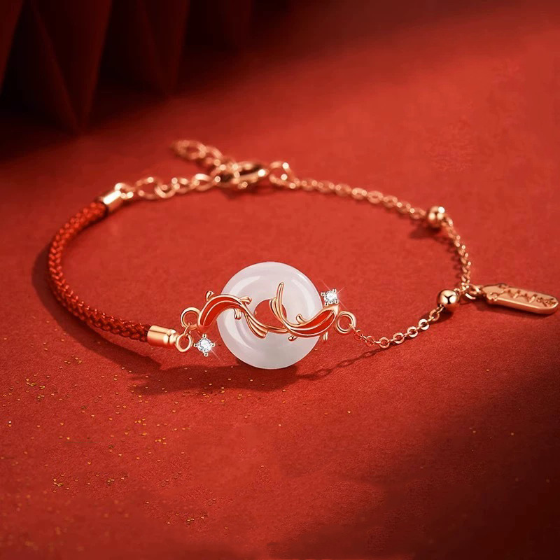 Koi Bracelet – Red cord & rose gold chain with jade peace button and red koi fish on red background, luck jewelry