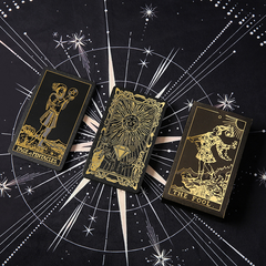 Waterproof Tarot Deck – Black box with gold foil Fool illustration and celestial motifs, PET cards