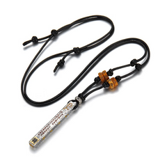 Tian Peng Chi Pendant – full black cord necklace with silver rectangular ruler and amber beads, white background, adjustable knot closure
