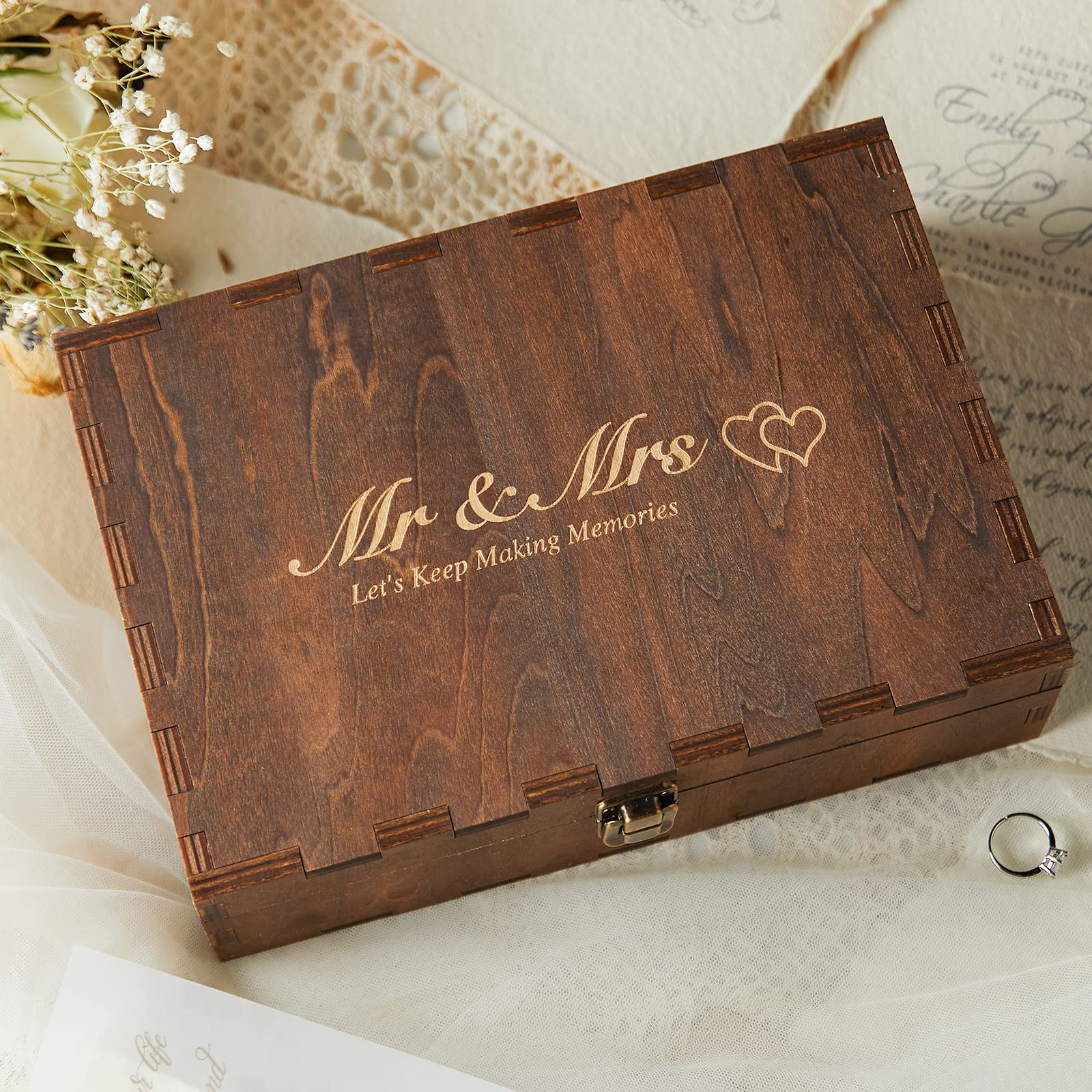 Mr Mrs Wooden Keepsake Box – Mr and Mrs script with Lets Keep Making Memories and double hearts, regular