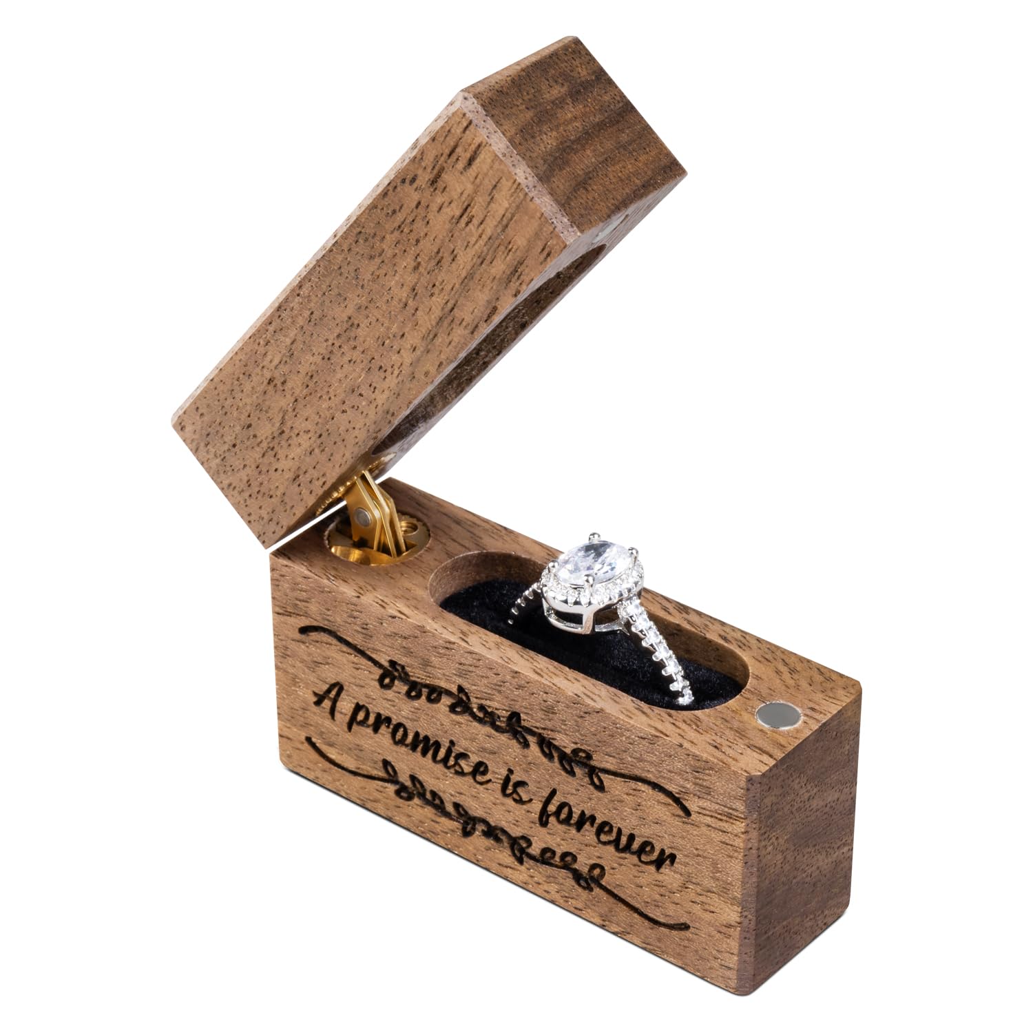Slim Walnut Wood Ring Box – A Promise Is Forever engraved with vine pattern, black velvet interior