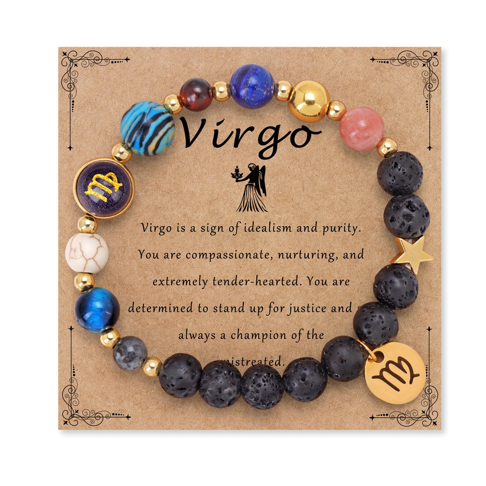 Zodiac Crystal Beaded Bracelet – Virgo with maiden charm, healing crystals and lava stones on kraft card