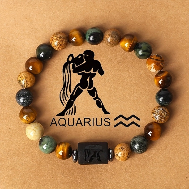 12 Zodiac Natural Stone Bead Bracelet Aquarius water bearer with tiger eye and picture jasper beads