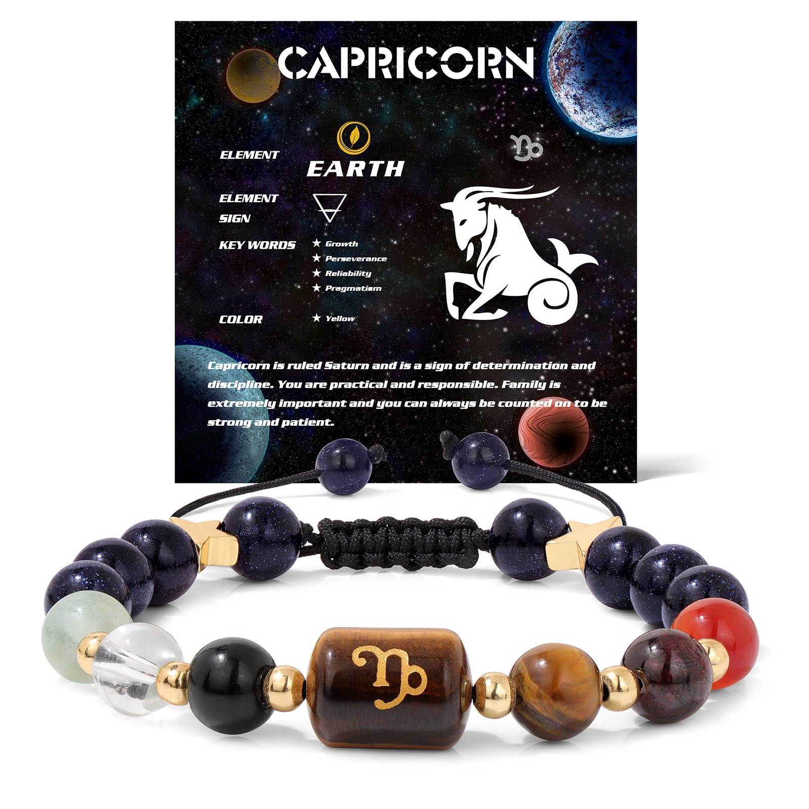 Zodiac Crystal Bracelet – Capricorn on kraft card with sea-goat symbol and healing stones