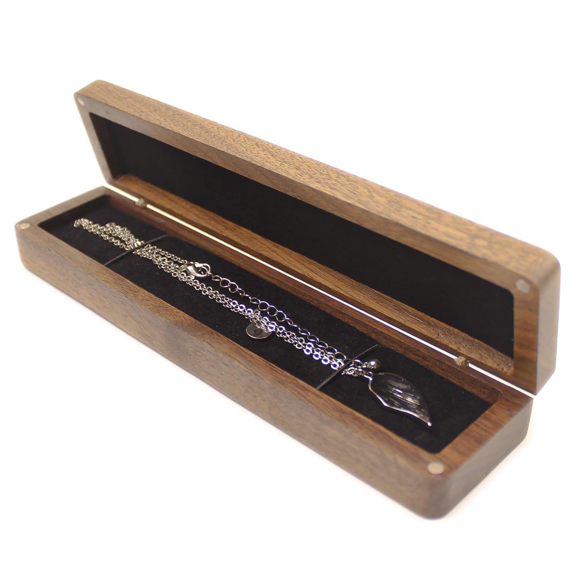 Natural Walnut Necklace Box – rectangular elongated open with silver leaf pendant on black velvet