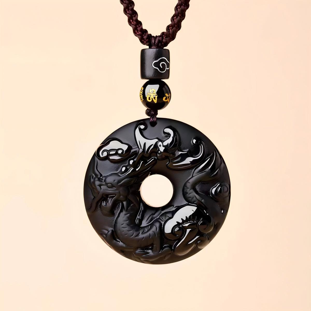 Black Obsidian Necklace – dragon zodiac disc with clouds, brown cord obsidian amulet