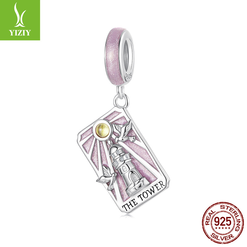 Tarot Silver Charm – The Tower charm in pink glitter enamel with silver lighthouse and sun accent