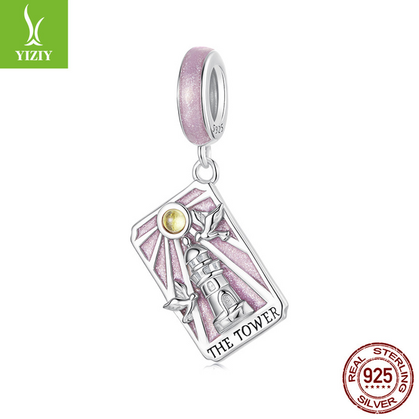 Tarot Silver Charm – The Tower charm in pink glitter enamel with silver lighthouse and sun accent