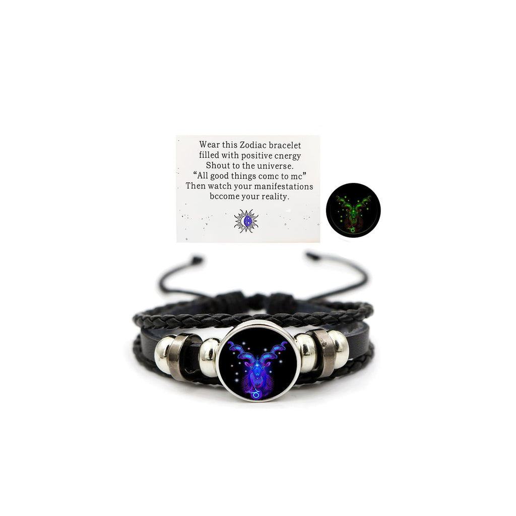 Zodiac Leather Wrap Bracelet – Capricorn with sea-goat charm and manifestation card, glow feature