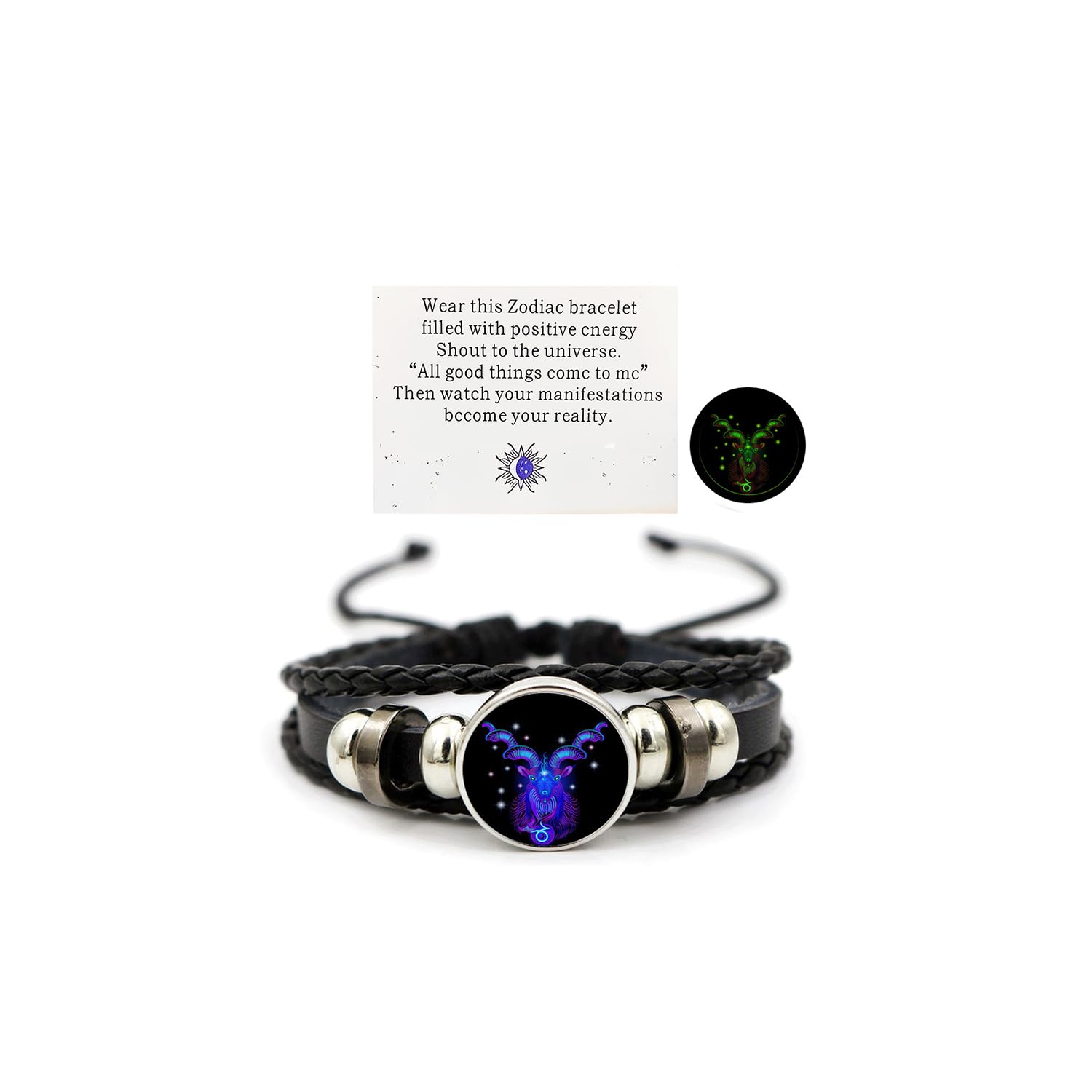 Zodiac Leather Wrap Bracelet – Capricorn with sea-goat charm and manifestation card, glow feature