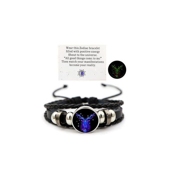 Zodiac Leather Wrap Bracelet – Capricorn with sea-goat charm and manifestation card, glow feature