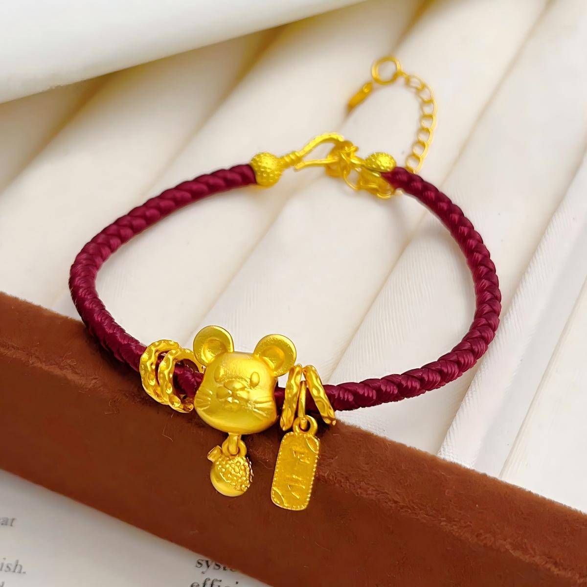 Ben Ming Nian Bracelet – gold rat charm with carrot pendant, adjustable chain, red string luck jewelry