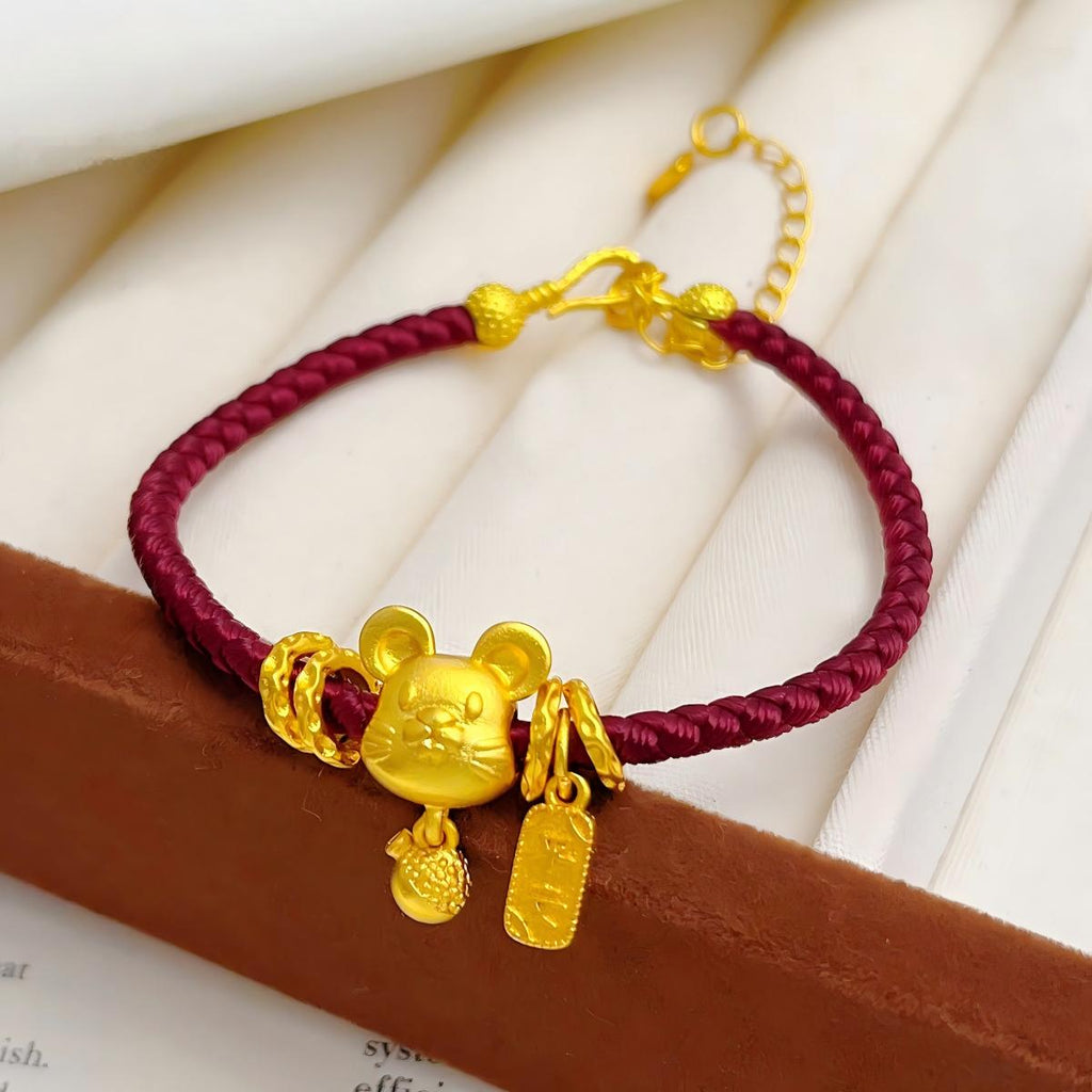 Ben Ming Nian Bracelet – gold rat charm with carrot pendant, adjustable chain, red string luck jewelry