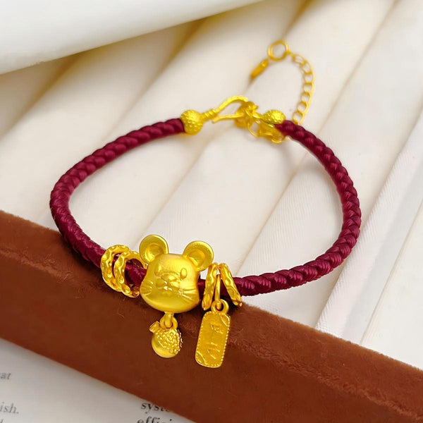 Ben Ming Nian Bracelet – gold rat charm with carrot pendant, adjustable chain, red string luck jewelry