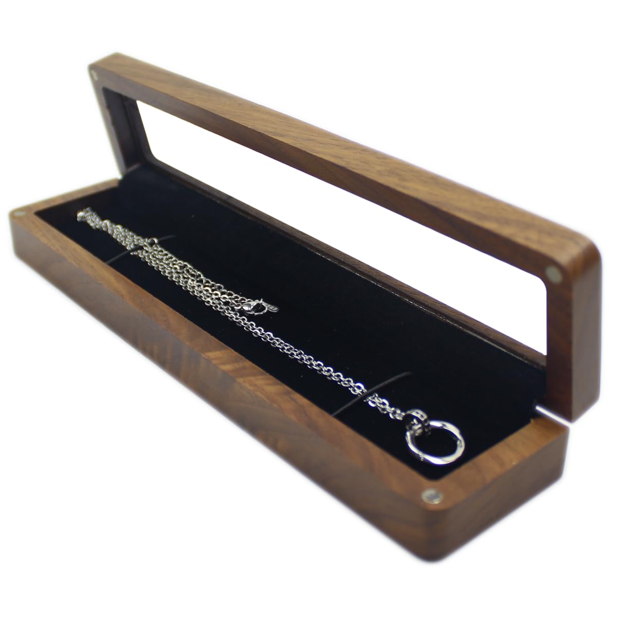 Natural Walnut Necklace Box – rectangular with glass window lid showing silver necklace and pendant