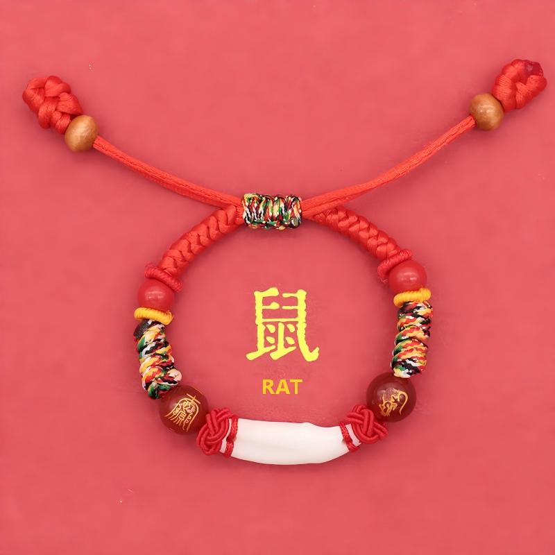 Kids Zodiac Bracelet – rat zodiac edition with red agate beads and multicolor wraps, newborn charm